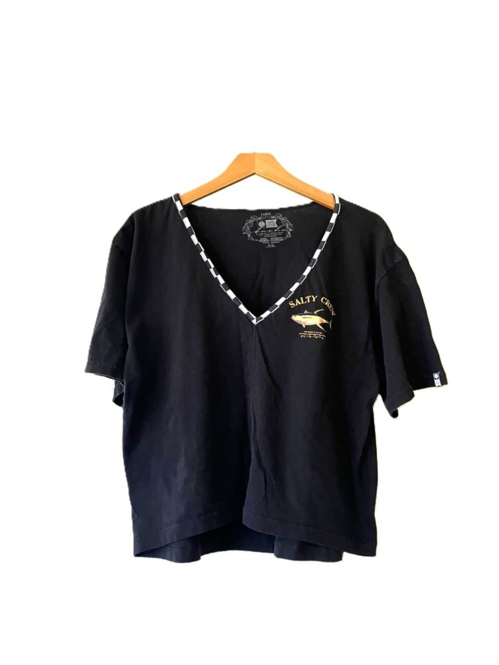 Salty Crew Reworked Crop Tee | Women's M/L | Black Checkerboard V-Neck, Upcycled